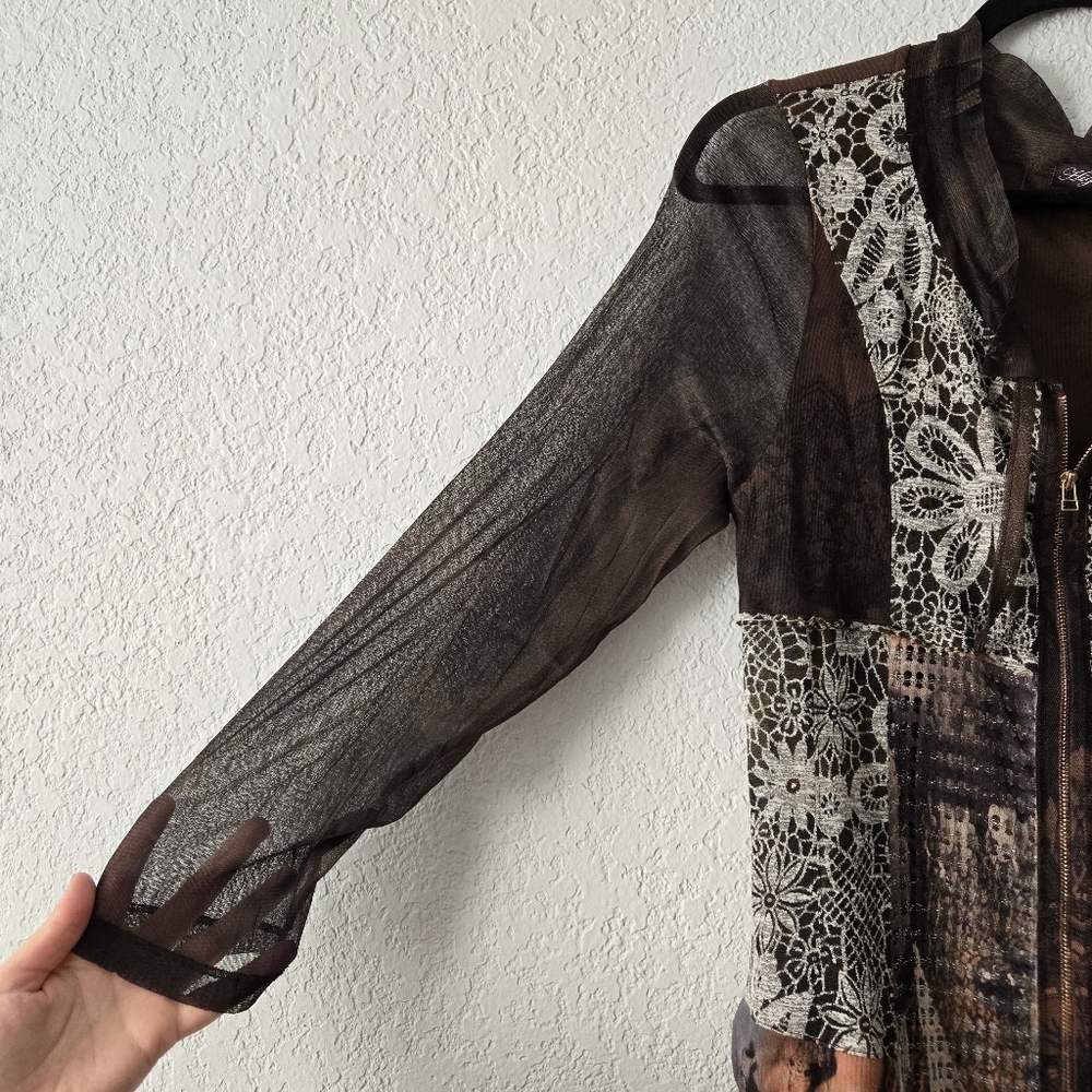 High Secret womens L Brown Mixed Media Zip up Boho Sweater - Picture 2 of 7